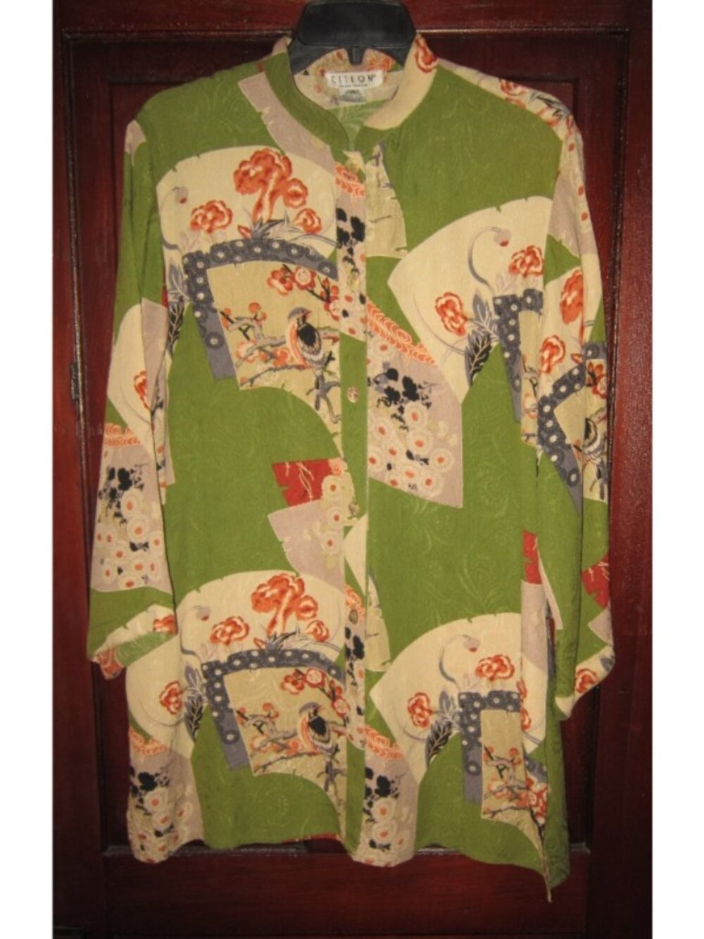 Citron Santa Monica Sz M Silk Kimono Tunic Blouse Top Asian Cherry Blossom Birds